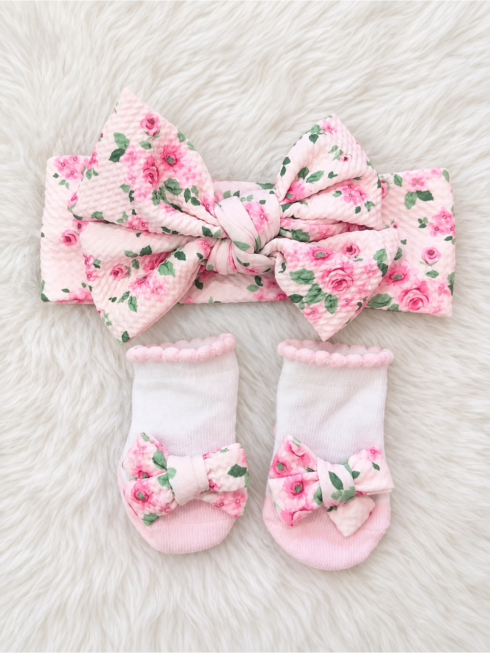 Pink Floral Baby Headband and Socks Set - Cute Bow Accent NWOT
